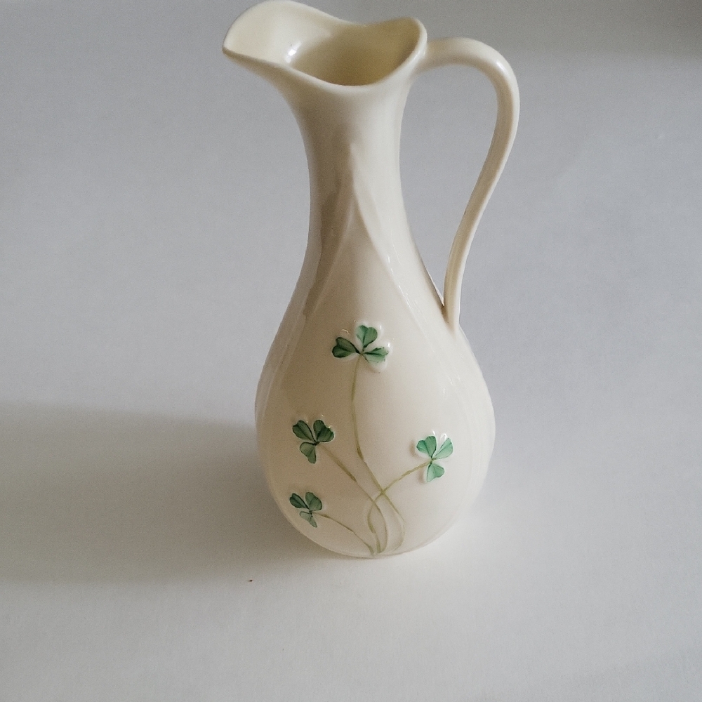 Vintage elegant Cream Vase with Green Clover Design.